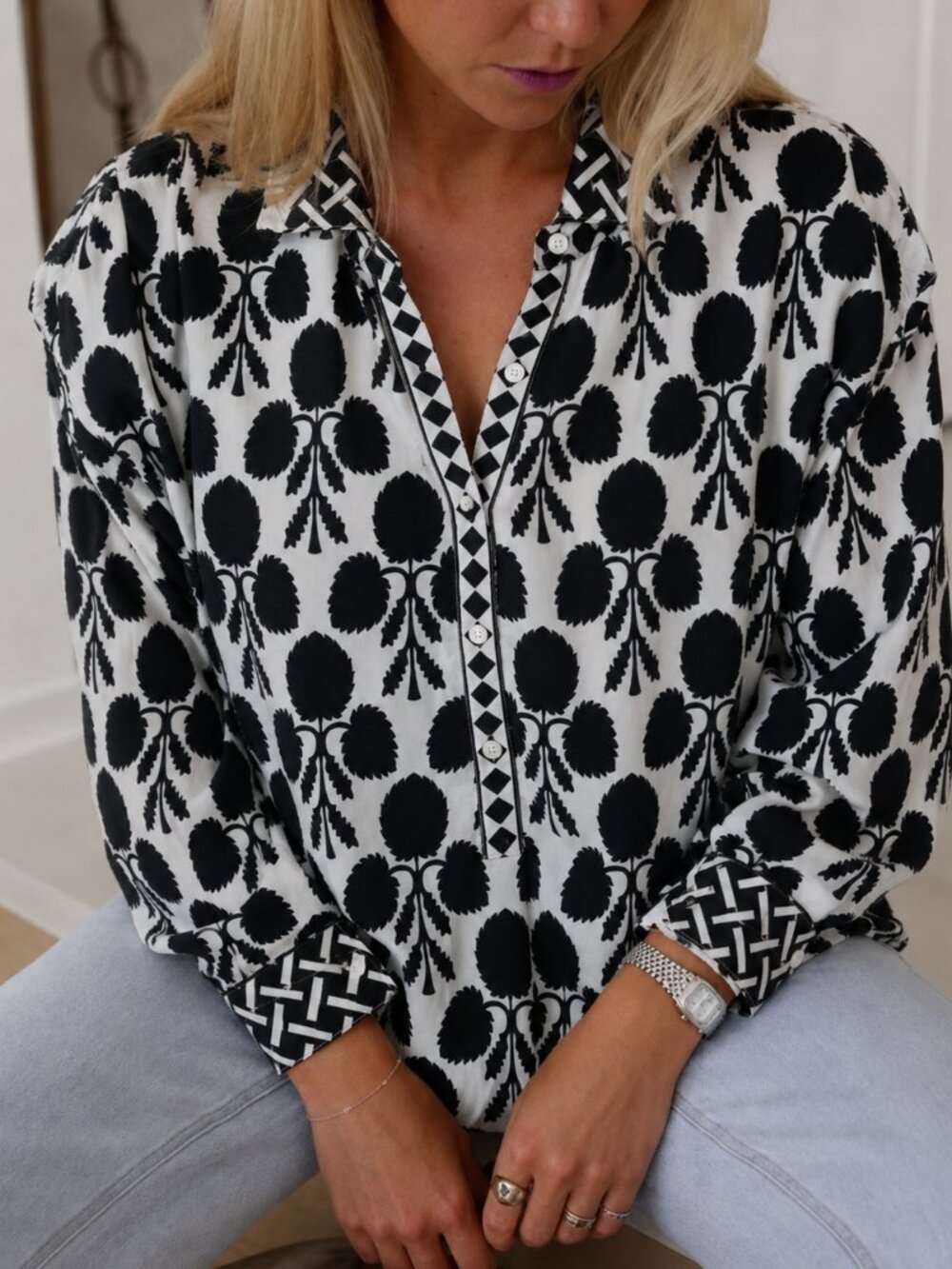 Talbots Band Collar Popover-Bicolor Border Long Sleeve Blouse Size Small